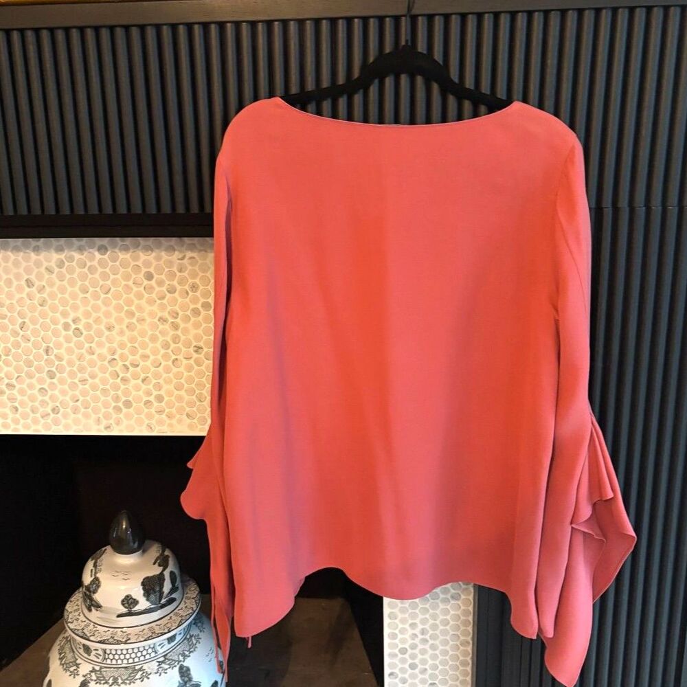 Lafayette 148 New York Emory 100% Silk Ruffle Sleeve Blouse Coral Pink Large - Picture 3 of 4